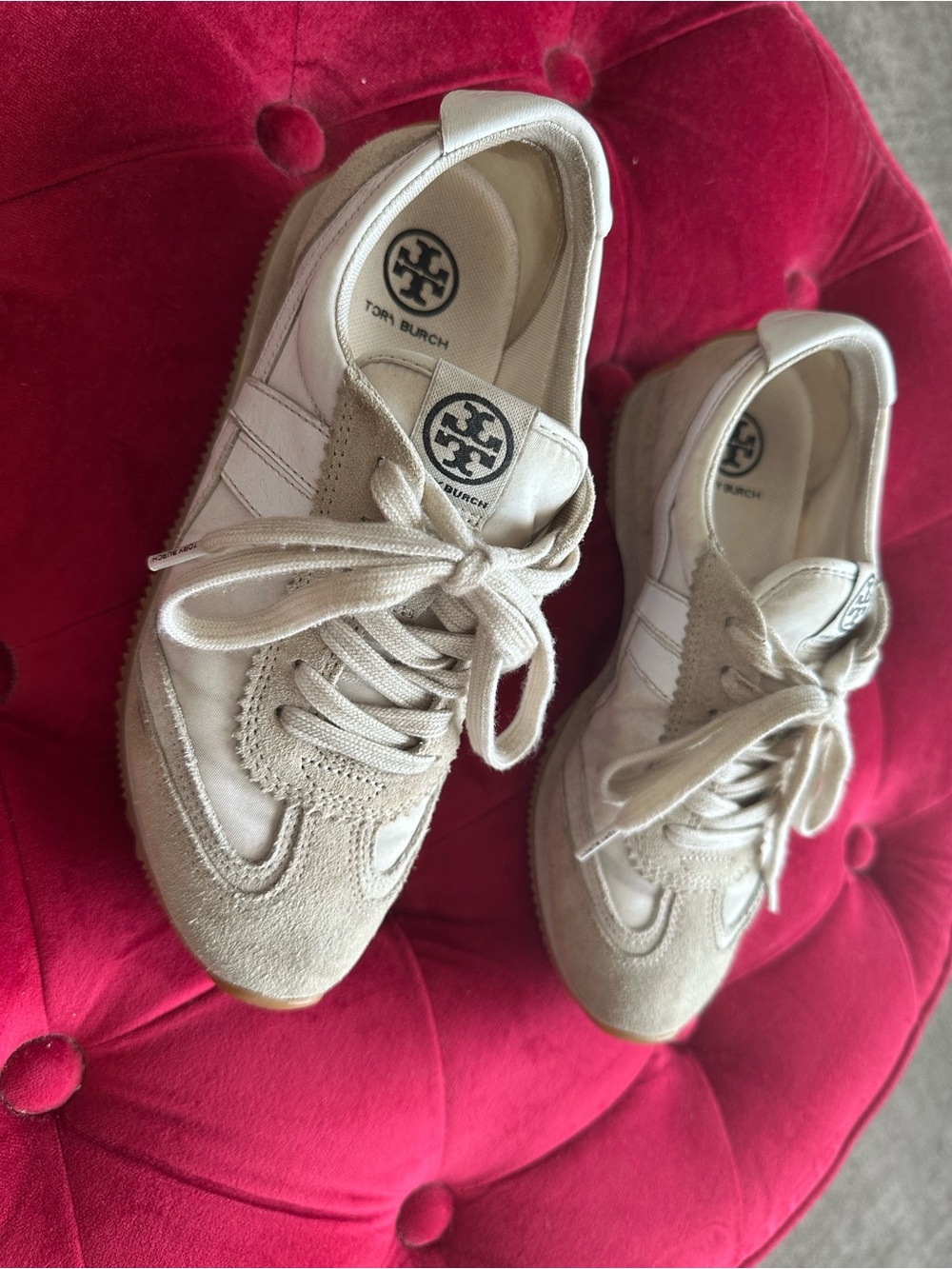 Tory Burch Neutral Suede & Leather Lace-Up Sneakers